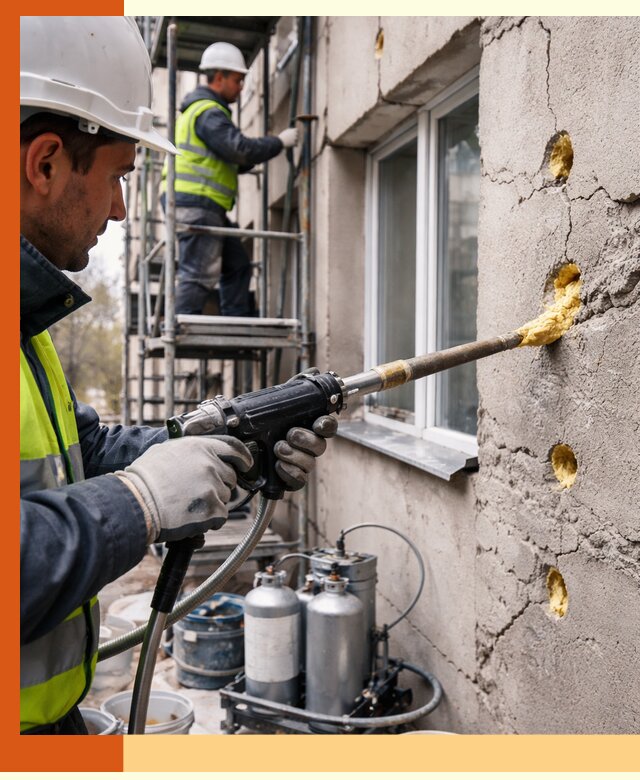 Заполнение пустот в фасаде и утепление стен в Ростове